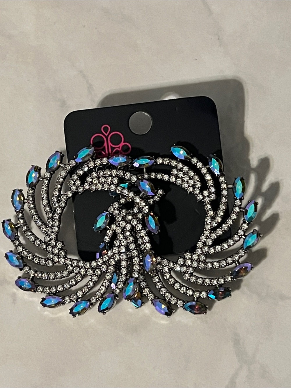 Paparazzi Iridescent Teal and Purple Crystal Swirl Earrings